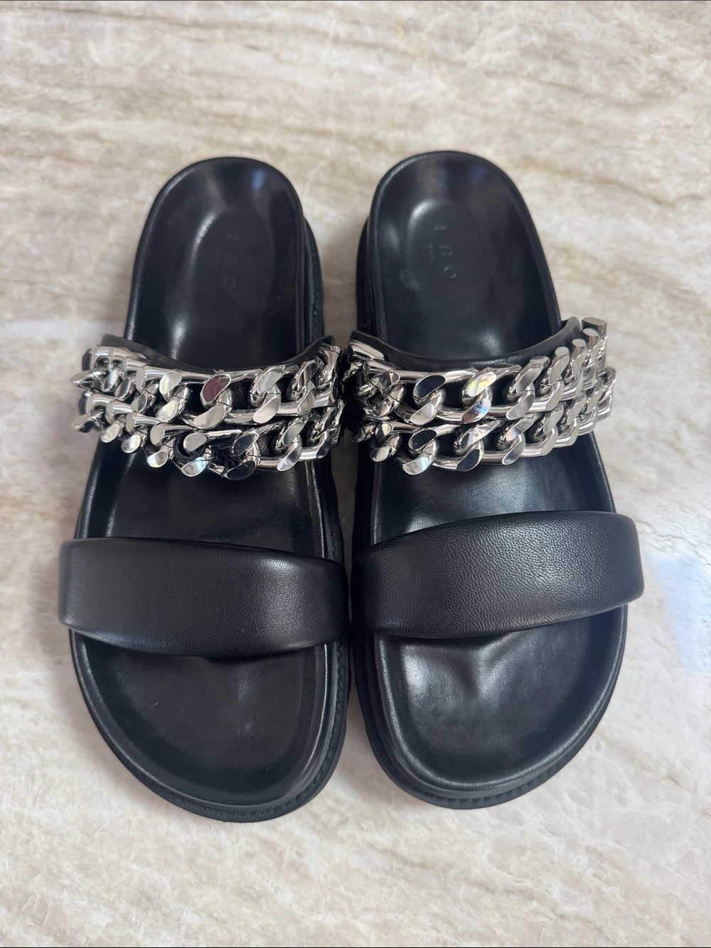 IRO Black Slide Sandals with Silver Chain Straps Size 38